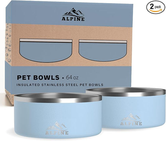 ALPINE Set of 2 Stainless Steel Dog Bowls, Non Slip, Metal Pet Bowl for Food and Water, Double Walled Insulated, Rustproof, Dishwasher Safe (64 oz, Sky Blue)