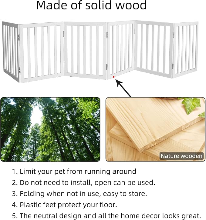 Foldable Indoor Dog Gate for The House Freestanding Stairs Nature Wooden White Pet Gate for Doorway Puppy Gate for Dogs Expandable Dog Fence for Stairs or Hallways 24"" Height 6 Panels