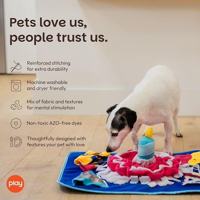P.L.A.Y. Cute Snuffle Mat for Dogs - Birthday Themed Interactive Food & Treat Mat for Puppies Dogs - Enrichment Toy, Great for Slow Feeding, Nosework & Foraging Skills - Machine Washable