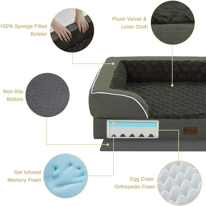 Orthopedic Dog Beds for Extra Large Sized Dogs 42x30 Inch, XL Waterproof Egg Crate Foam Dog Sofa Bed with Removable Washable Cover Big Pet Couch with Bolster & Non-Slip Bottom, Dark Green