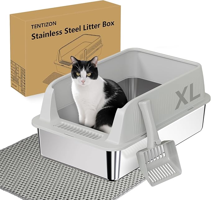 TENTIZON Stainless Steel Cat Litter Box, XL Large Metal Kitty Litterbox with High Side Lids, Litter Mat, Scooper for Big Cats, Kittens, No Odor, No Mess, Leak Proof, Easy Clean, Non Stick