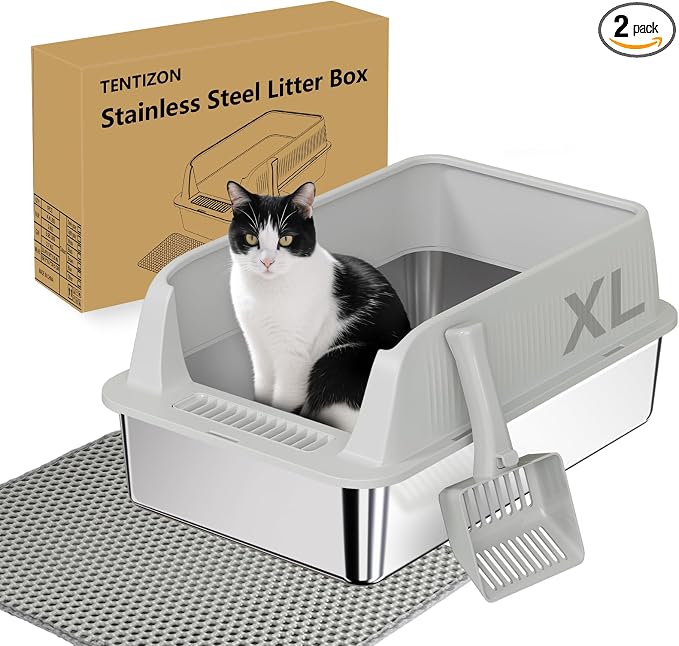 TENTIZON 2 Pack Stainless Steel Cat Litter Box, XL Large Metal Kitty Litterbox with High Side Lids, Litter Mat, Scooper for Big Cats, Multi Cats, No Odor, No Mess, Leak Proof, Easy Clean, Non Stick