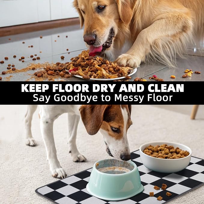 PUPTECK Dog Food Mat, Absorbent Pet Cat Feeding Mat for Food and Water Bowls, Anti-Slip Dog Placemat for Floors Waterproof, Pet Supplies Accessories, Black & White Checkered S