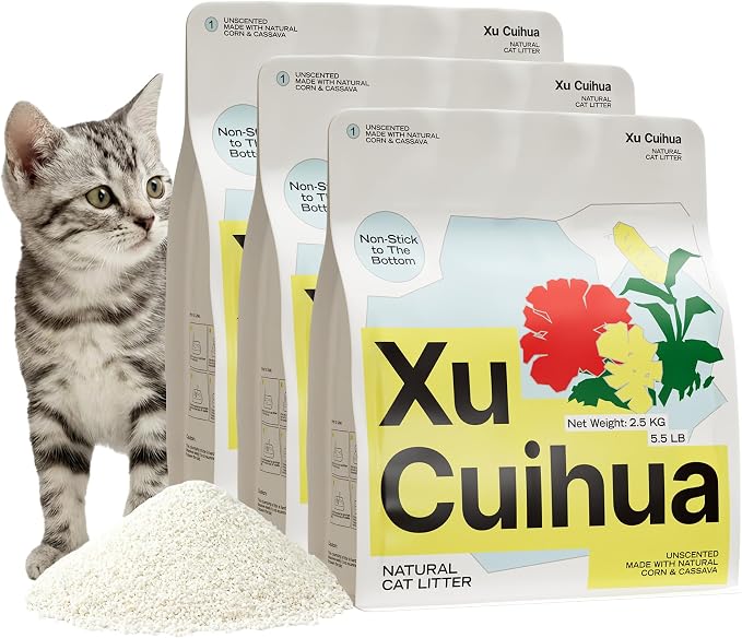 XuCuiHua Natural Cat Litter Unscented, 100% Plant-Based, Strong Clumping Litter, Easy Scooping, Clumps Lift Cleanly, Chemical-Free, Low Dust, Corn & Cassava Litter, 16.5 LB (5.5 LB x 3 Bags)