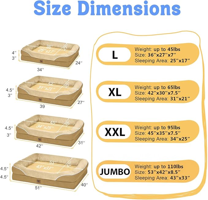 Chez Paw Orthopedic Dog Bed for Medium & Large Dogs, Waterproof Egg-Crate Foam Dog Bed with Removable Washable Cover, 4-Sided Bolster Support & Non-Slip Bottom, Brown 36"x27"x7"