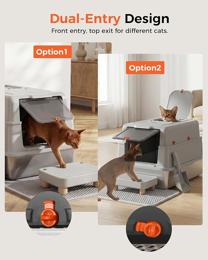 XXXL Stainless Steel Cat Litter Box with Lid, 27.5"×20.1"×17.3" Jumbo Enclosed Litterbox,Dual-Entry (Front Entry & Top Exit),High-Sided,Non-Stick,Odor Control,for Big Cats, with Mat,Scoop & Step,Grey