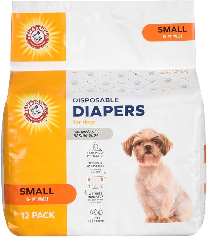 Arm & Hammer for Pets Disposable Female Dog Diapers with Odor Control and Wetness Indicator, Leak Resistant Dog Diapers for Incontinence and Heat Cycles, Size Small 15–19 in Waist, 12 Count