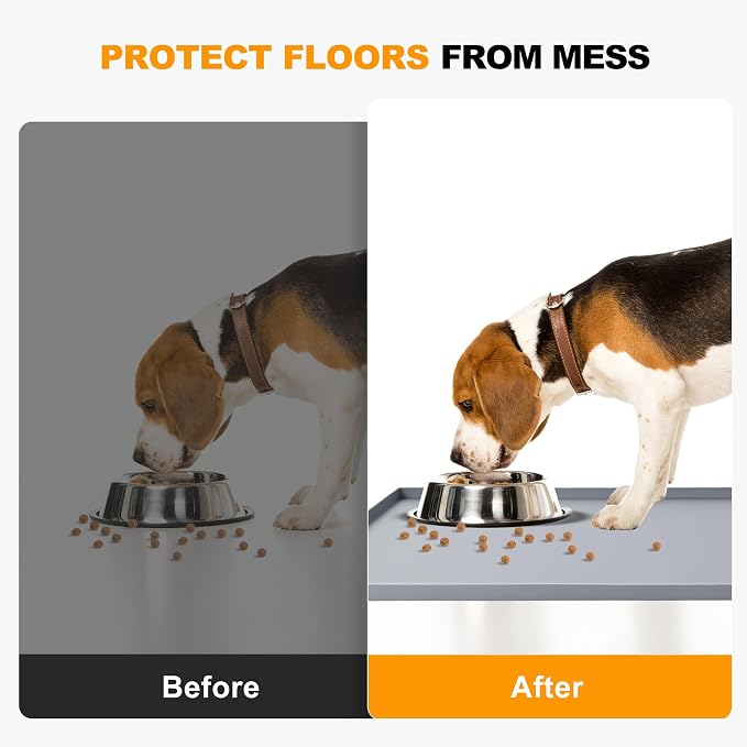 Finorder 23.6"x19.7" 100% Silicone Pet Feeding Mat, Higher Raised Edges and Slip Resistant Pet Food and Water Bowl Mat, Waterproof Pet Food Placemat Silicone Tray, Dishwasher Safe (Grey)
