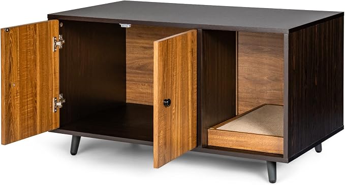 Tangkula Cat Litter Box Enclosure, Cat Washroom W/Divider, Scratching Pad, Metal Leg, Enclosed Cat Box Cabinet Pet House W/Double Doors, Litter Box Furniture Hidden for Large Cat (Walnut & Black)