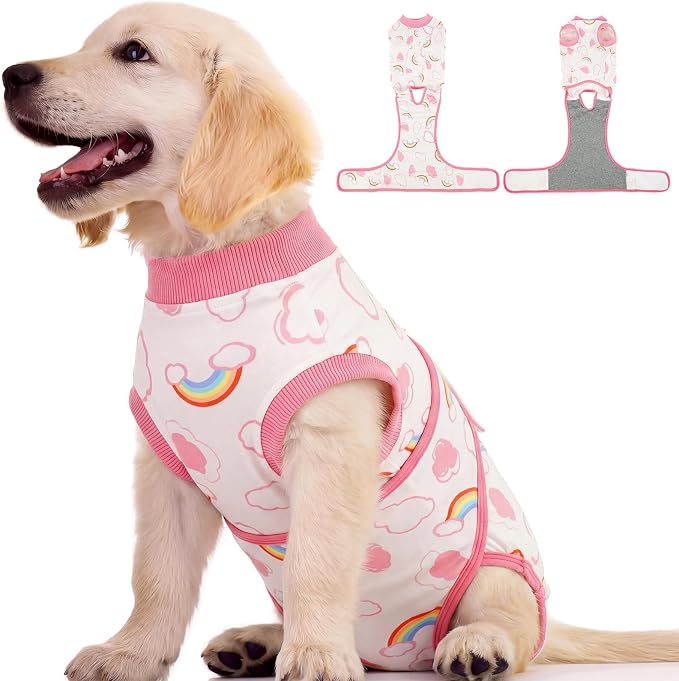 Kuoser Dog Surgery Recovery Suit, Soft Breathable Dog Recovery Suit for Female Spay Male Nueuter, Anti Licking Puppy Onesie Pet Surgical Suit for Dogs Abdominal Wounds Skin Disease, Rainbow XS