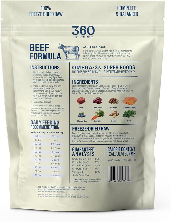 360 Pet Nutrition Freeze-Dried Raw Dog Food – Beef Recipe with Liver & Organs, High Protein with Omega-3s, Fruits, Veggies & Superfoods, Grain-Free, No Fillers, 5 oz – Made in USA