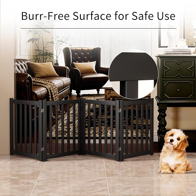 4-Panel Solid Wood Dog Gate - Freestanding Folding Pet Gate for Doorways, Stairs, Indoor, 24" Height, No Installation Needed, Black