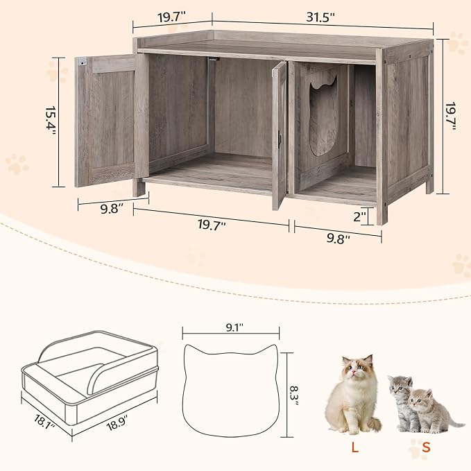 MAHANCRIS Cat Litter Box Enclosure, Hidden Litter Box Furniture with Divider, Indoor Cat House, Wooden Cat Washroom Storage Cabinet Bench, Side End Table Nightstand, Greige CWHG2501Z