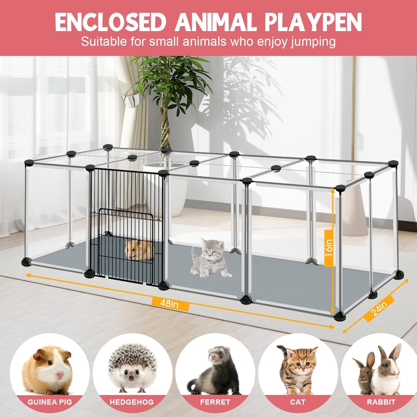 20 Panels Small Animals Playpen, 48" x 24" x 16" Transparent Pet Playpen with Waterproof Mat,Portable Plastic Enclosure Cage for Chicken/Guinea Pigs/Bunny/Ferrets/Hamsters/Hedgehogs Indoors Outdoor
