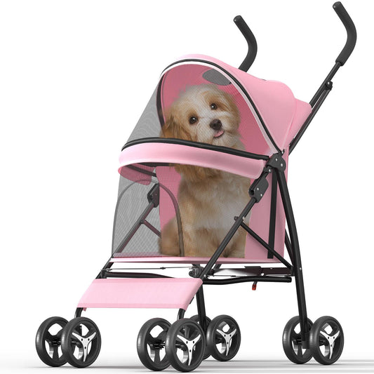 Pet Stroller with 4 Wheels for Small/Medium Pets, Portable Travel Foldable Carrier Jogger for Dog Cat Puppy Kitty, Rear Wheel Breaks, Storage Basket, Visible Mesh with Weather Cover (Pink)
