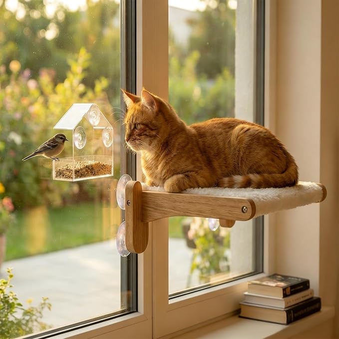 Cat Window Perch with Bird Feeder – Foldable Hammock, Strong Suction Cups for Indoor Cats (Nature-2)