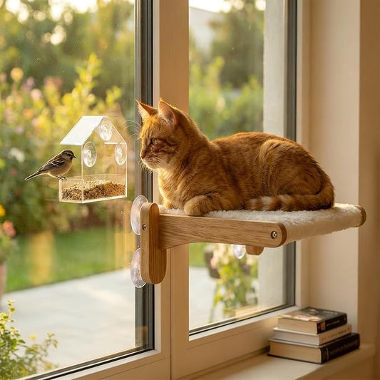 Cat Window Perch with Bird Feeder – Foldable Hammock, Strong Suction Cups for Indoor Cats (Nature-2)