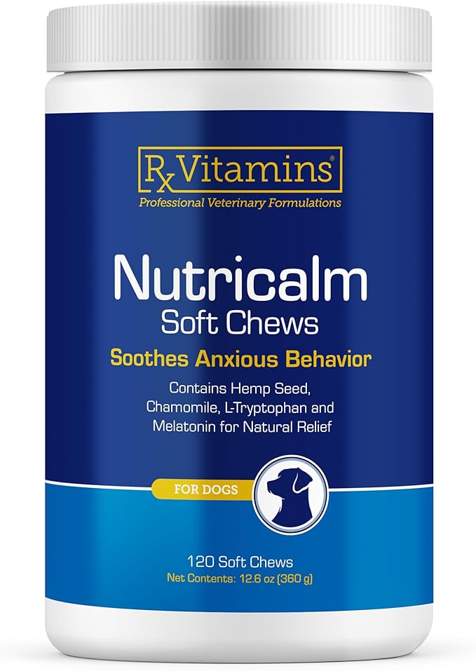 Rx Vitamins NutriCalm - Hemp Calming Chews for Dogs - Dog Calming Chews with Melatonin and Chamomile - Anxiety Relief Treats - Provides Relaxation & Separation Anxiety Relief for Dogs - 120 Capsules