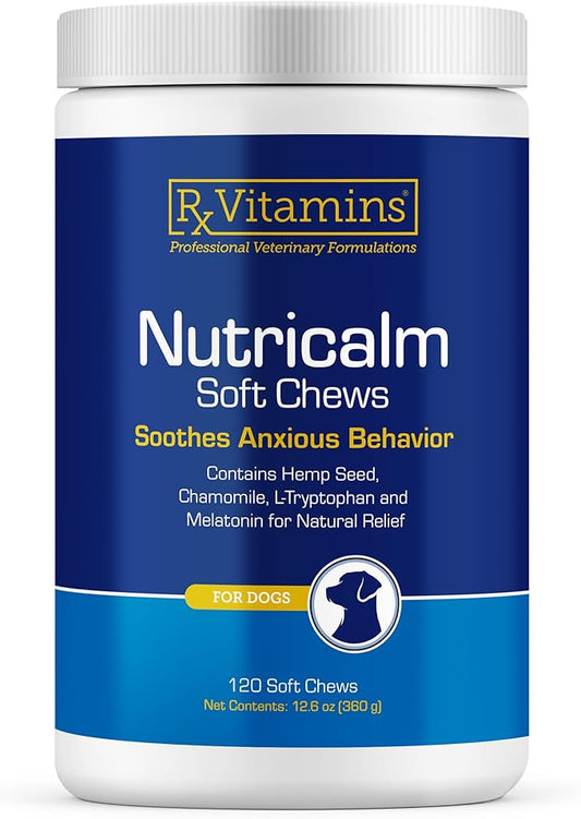 Rx Vitamins NutriCalm - Hemp Calming Chews for Dogs - Dog Calming Chews with Melatonin and Chamomile - Anxiety Relief Treats - Provides Relaxation & Separation Anxiety Relief for Dogs - 120 Capsules