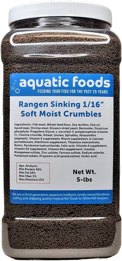 1/16" Soft Moist Sinking Salmon Crumbles for Baby Axolotls, Shrimp, Snails, Crabs, Small Amphibians, Bottom Tropical Fish...5-lb Lg Jar