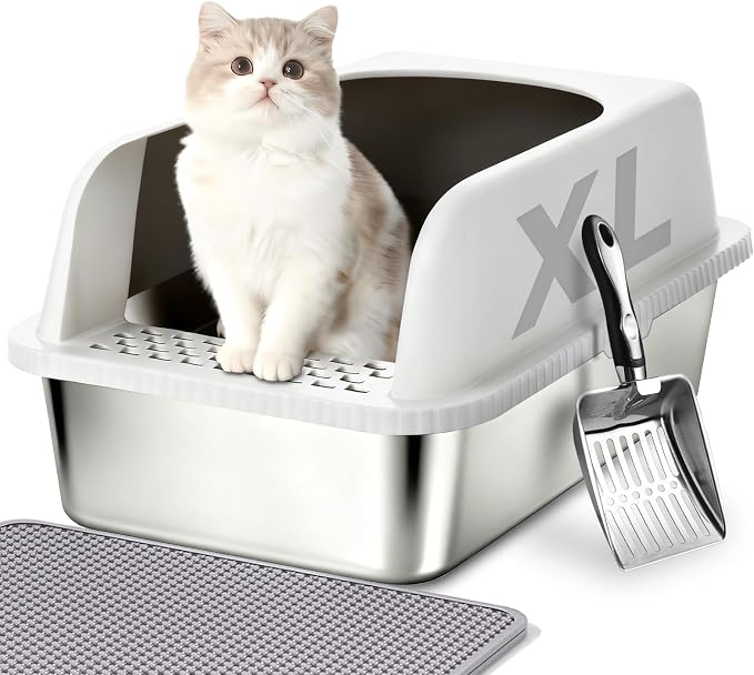 2 Pack Stainless Steel Cat Litter Box with Lid, 20" L x 14.2" W x 12" H, Extra Large Enclosed Litter Box for Cats, High Sided Anti Leakage, Non-Stick, Includes Stainless Steel Scoop & Cat Mat
