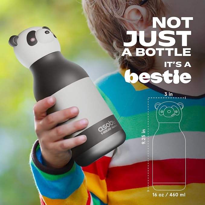 asobu Bestie Bottle Insulated Stainless Steel Water Bottle with Detachable Soft Animal Head Fun Drinking For Kids and Teens with Flexible Reusable Straw 16 Ounce (Panda)