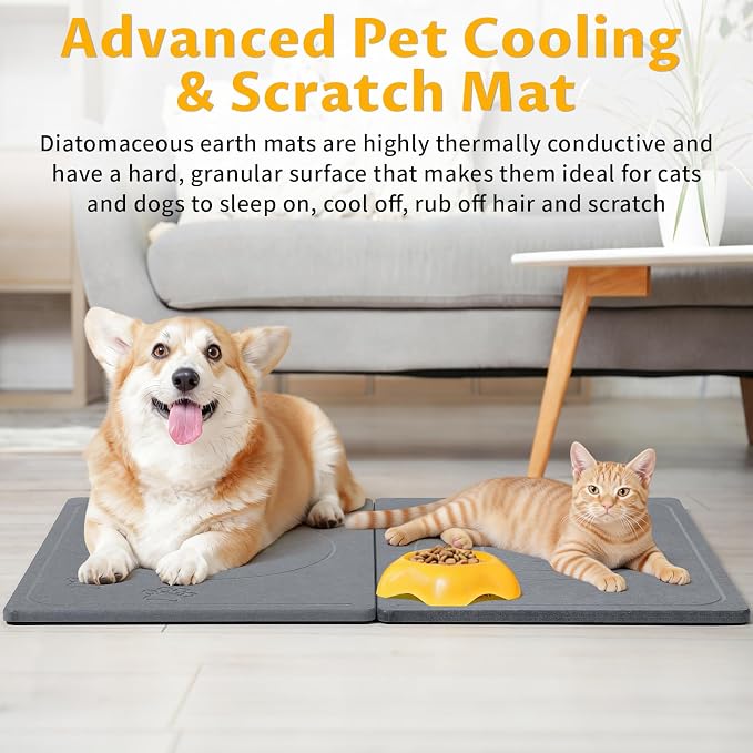 Stone Dog & Cat Food Mat, Bite-Proof Non-Slip Large Diatomaceous Pet Feeding Mat for Puppy Cat, Summer Cooling Quick Drying Dog Cat Water Bowls Mat for Protect Floor (Dark Grey 24" x 16")
