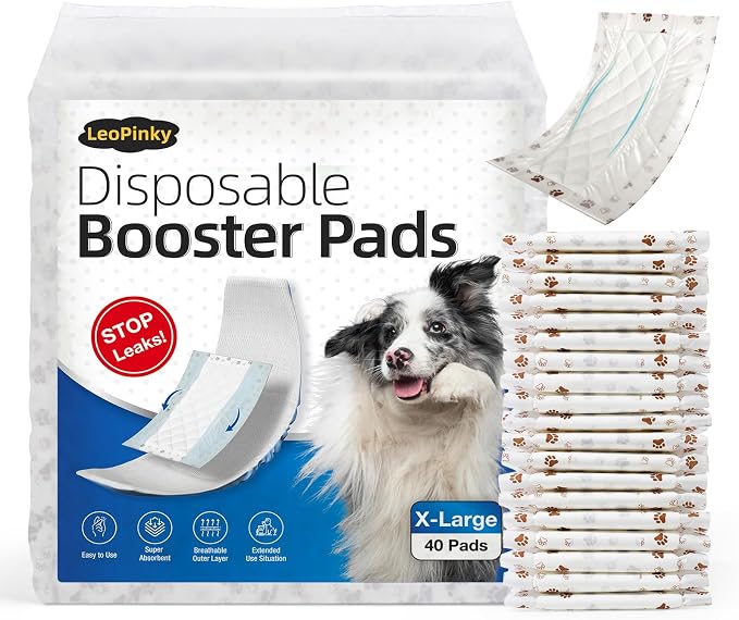 Disposable Dog Diaper Booster Pads XL - 40 Count, Dog Diaper Liners for Male and Female Dogs, Inserts Fit Most Puppy Diapers - Pet Belly Bands and Male Dogs Wraps (Paws)