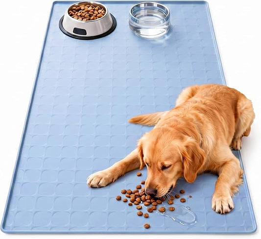Extra Large 34x22 Inch Machine Washable Silicone Pet Food Mat - Waterproof Dog & Cat Bowl Mat with Raised Edge, Non-Slip Floor Protector for Large Dogs, Multi-Pet Homes (Blue)