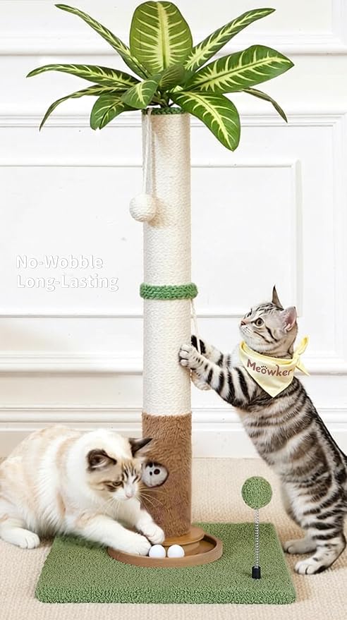 Cat Scratching Post Tall Vertical for Indoor Cats, 35" Palm Tree Leaves Sisal Pole for Large Cats Kittens, Heavy Duty Wooden Carpet Pole with Interactive Track Balls, Furniture Protection
