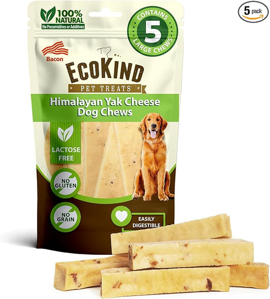 EcoKind Yak Cheese Himalayan Dog Chews, Yak Chews for Large Dogs, Long Lasting Bone for Aggressive Chewers, 4 Ingredient Natural High Protein Treats, No Additives, Lactose Free, Bacon, Large - 5 Chews