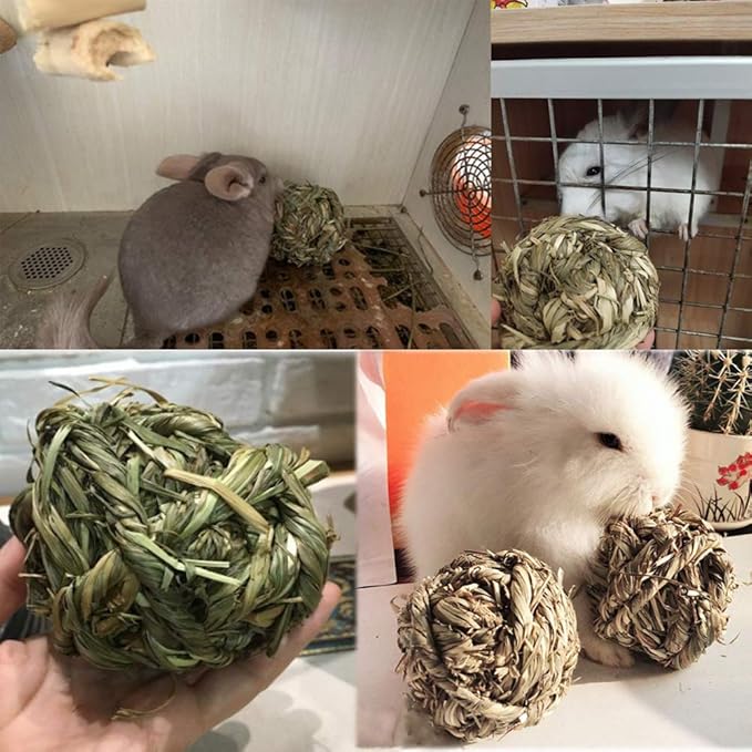 Hamiledyi Rabbit Chew Ball Timothy Grass Grinding Small Animal Activity Play Chew Toys for Bunny Rabbits Hamster Guinea Pigs Gerbils (5 PCS)