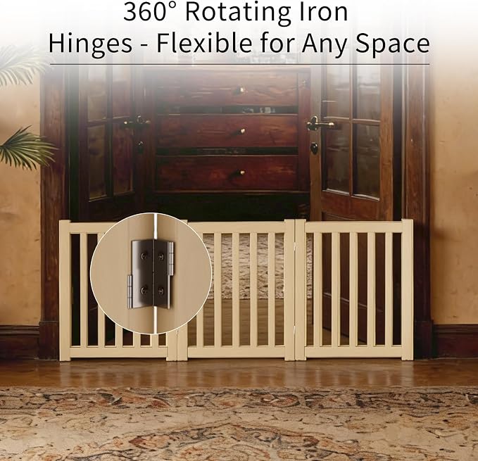 3-Panel Solid Wood Dog Gate - Freestanding Folding Pet Gate for Doorways, Stairs, Indoor, 24" Height, No Installation Needed, Natural Wood