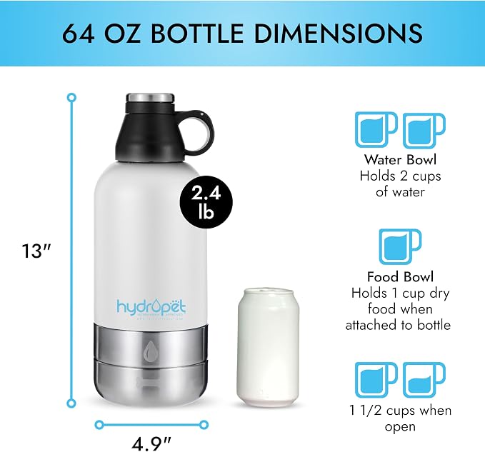 Hydropet Portable Dog Water Bottle (64 oz) – Stainless Steel, BPA-Free, Leak-Proof – Detachable Dog Water Bowl & Dog Food Bowl – Neoprene Carry Bag – Essential Dog Accessories for Daily Walks & Travel