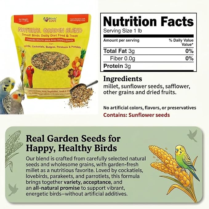 Birds LOVE Natural Garden Blend Bird Food for Small Birds, 4 lb - Hand Packed in USA, Natural Mix with Fruits, Seeds & Grains for Lovebirds, Cockatiels, Budgies & Parakeets