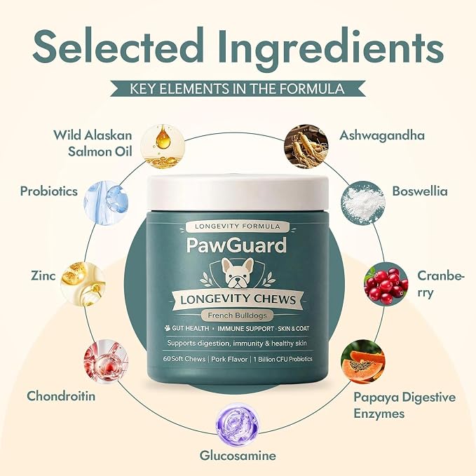 PawGuard French Bulldog Longevity Chews, Breed-Specific Soft Chews with Probiotics, Digestive Enzymes, Glucosamine, Chondroitin, Pork Flavor, Gut Skin Coat Immune Joint Support, 60 Count(1pc)