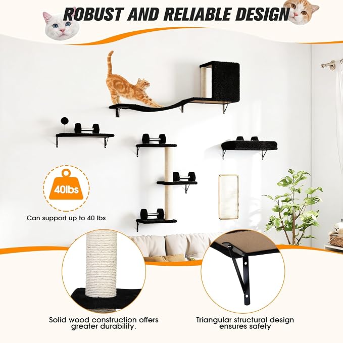 COZIWOW 5-Piece Cat Tree Set with Wall Mounted Cat Shelves, Cat Scratching Post & Cat Wall Furniture, Multi-Functional Indoor Cat Jungle Gym, Essential for Cat Room, Suitable for Large Cats (Black)
