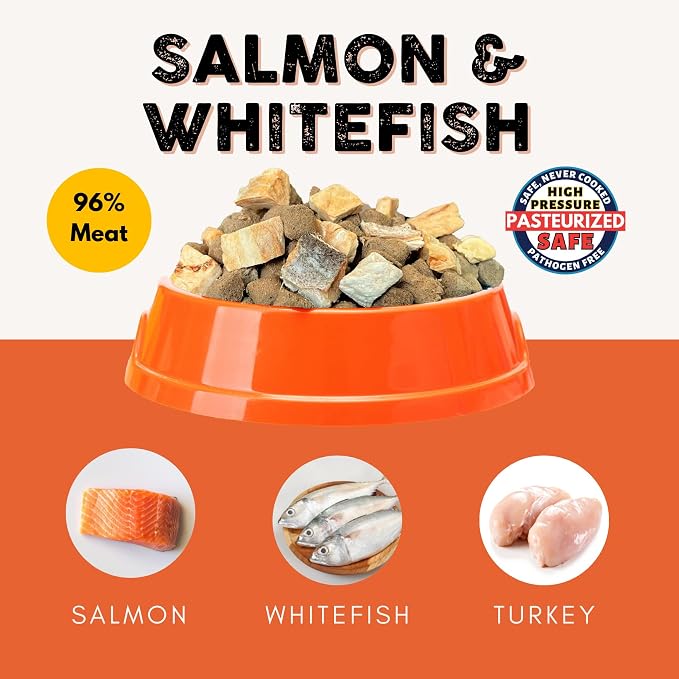 Nature's Diet Ready Raw : Freeze-Dried Raw Cat Food, Salmon & Whitefish, Human Grade, High Pressure Pasteurized (HPP), 96% Meat, Organ, Bone, Safe & Natural, Dry or Wet Feeding