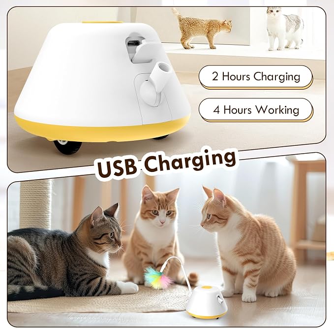 3 in 1 Interactive Cat Toys for Indoor Automatic Cat Laser Toy with Removable Feather Toy,3 Self Moving Modes, Smart Standby, USB Powered,Rubber Wheels Automatic Kitten