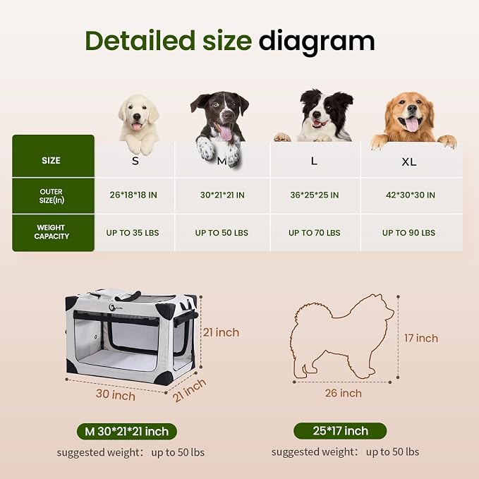 Portable Collapsible Dog Crate for Medium Dogs, 4 Mesh Doors & 2 Storage Bags, Indoor Outdoor Travel Dog Kennel, Grey, 30" x 21" x 21"