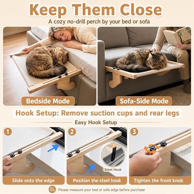 Wide Stable 40 lb Tested Cat Window Perch for Large Cats, 20.1 x 25.2 in Overall Frame, Solid Wood Cat Window Seat with Suction Cups & Steel Hooks, No-Drill for Windows & Sofas