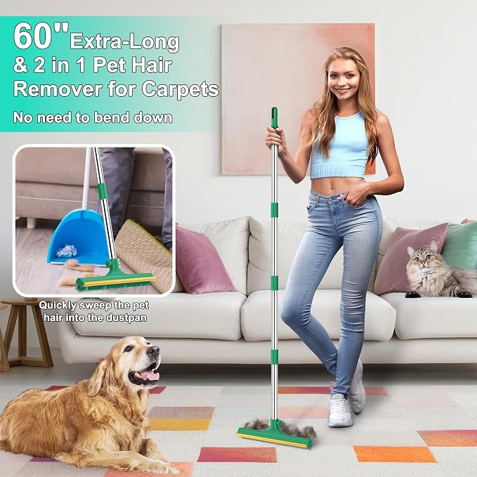 3 in 1 Carpet Rake for Pet Hair Removal, Reusable Pet Hair Remover Broom, 60'' Adjustable Long Handle Dog and Cat Hair Remover Tool Set of 3, Lint Remover Scraper for Carpets (Dark Green, 60inch)