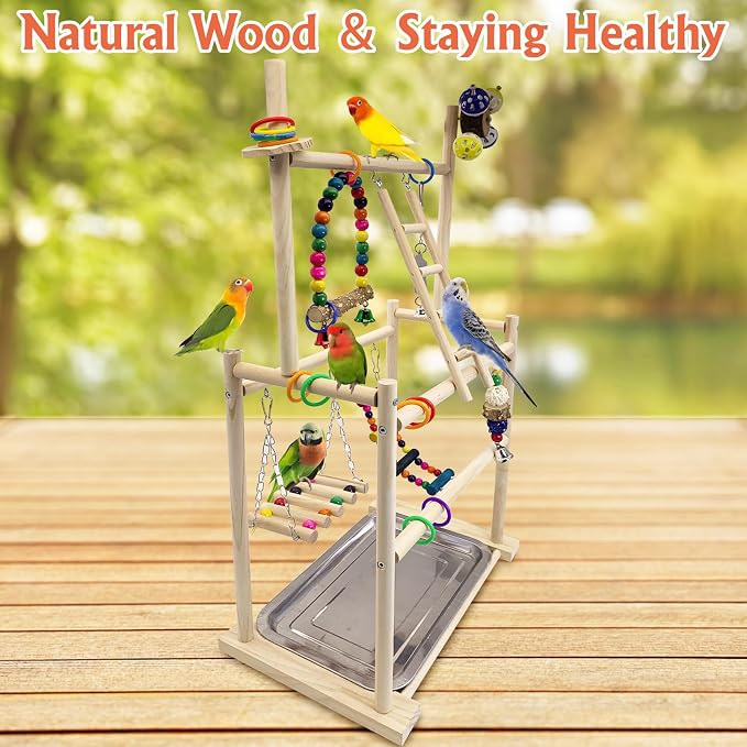 Hamiledyi Natural Wood Bird Playground - Large 3-Tier Perch Stand and Birds Nest Straw