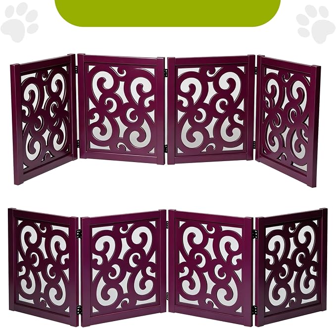 Ashfield & Harkness: 4-Panel Pet Gate - Scroll Mahogany - Wooden Foldable Freestanding Dog Fence, 80 x 23.5, Doorway-Halls-Stairs, 360 Rotated Hinges