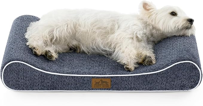 COZY KISS Orthopedic Dog Bed for Small Dogs up to 35 lbs - Removable Washable Cover with Waterproof Lining & Non-Skid Bottom, Cotton-Polyester Blend Boat-Shaped Lounger Mattress, S(30x20x5in), Blue