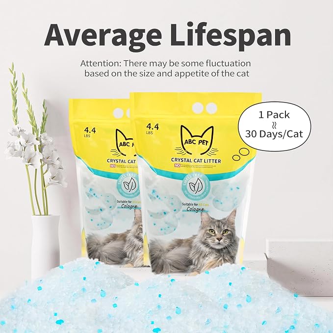 ABCPET Cat Litter Crystals No Clumping Odor Control Kitty Litter Non-Clumping No scooping Low Dust, Low Tracking, Dehydrates Waste Cologne - 17.2 lbs (4 x 4.3 lb Packs)