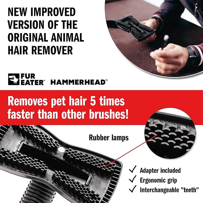 Hammerhead Pet Hair Remover Vacuum Attachment, Wide Rubber Brush for Dog & Cat Hair, Fits 1-1/4, 1-3/8 & 1-1/2 in Round Hoses, for Couch, Car, Carpet & Upholstery