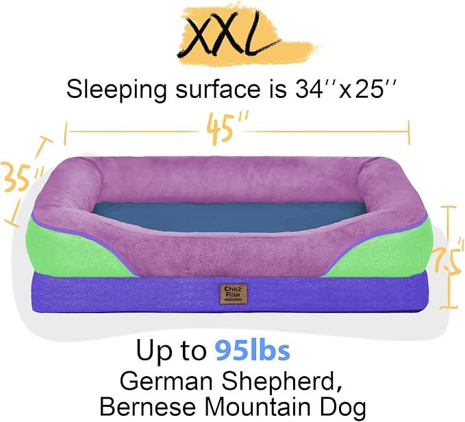 Chez Paw XXL Orthopedic Dog Bed for Extra Large Dogs, Extra Thick Egg-Crate Foam Waterproof Pet Couch with Removable Washable Cover, 4-Sided Bolster & Non-Slip Bottom, Lavender Blue 45"x35"x7.5"
