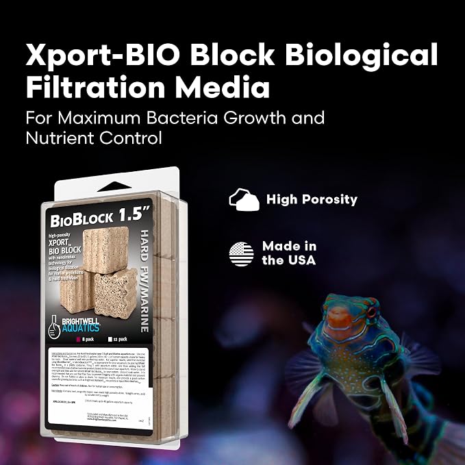 Brightwell Aquatics - Xport-BIO Block Aquarium Filter - Biological Filtration Media for Bacteria Growth, Nutrient Control & Control of Unwanted Nutrients - Aquarium Water Treatments, 8 Pack, 1.5 inch