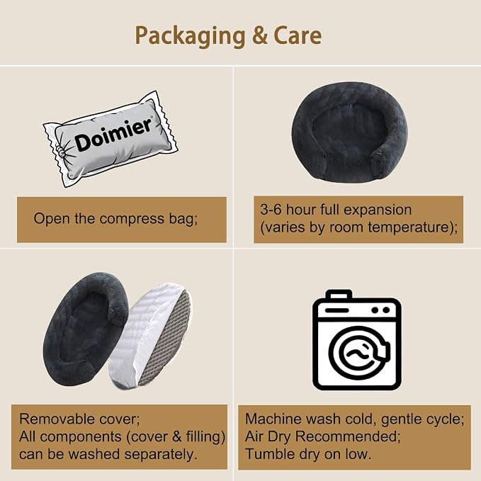 Calming Dog & Cat Beds with Orthopedic Egg-Crate Foam Raised Rim, Soft Fluffy Faux Fur Pet Bed for Small Medium Dogs, Anxiety Relief Spine Support, Machine Washable (Round, Dark Grey 20")